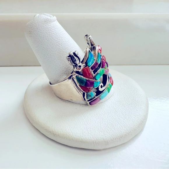 Handmade Sterling Silver Inlay Multi Gem Eye Of Horus Ring Size 11.5 - Picture 3 of 7